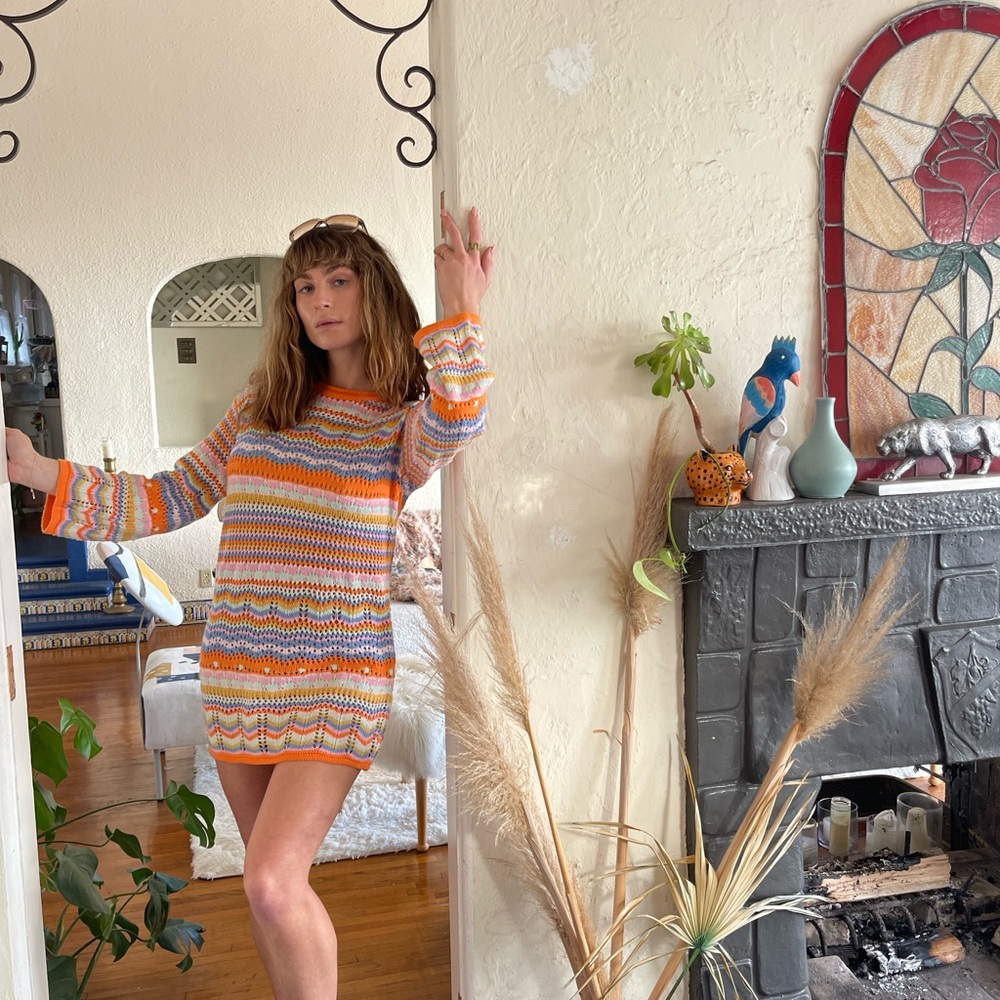 Crochet Striped Knit Sweater Mini Dress - Picture 6 of 10